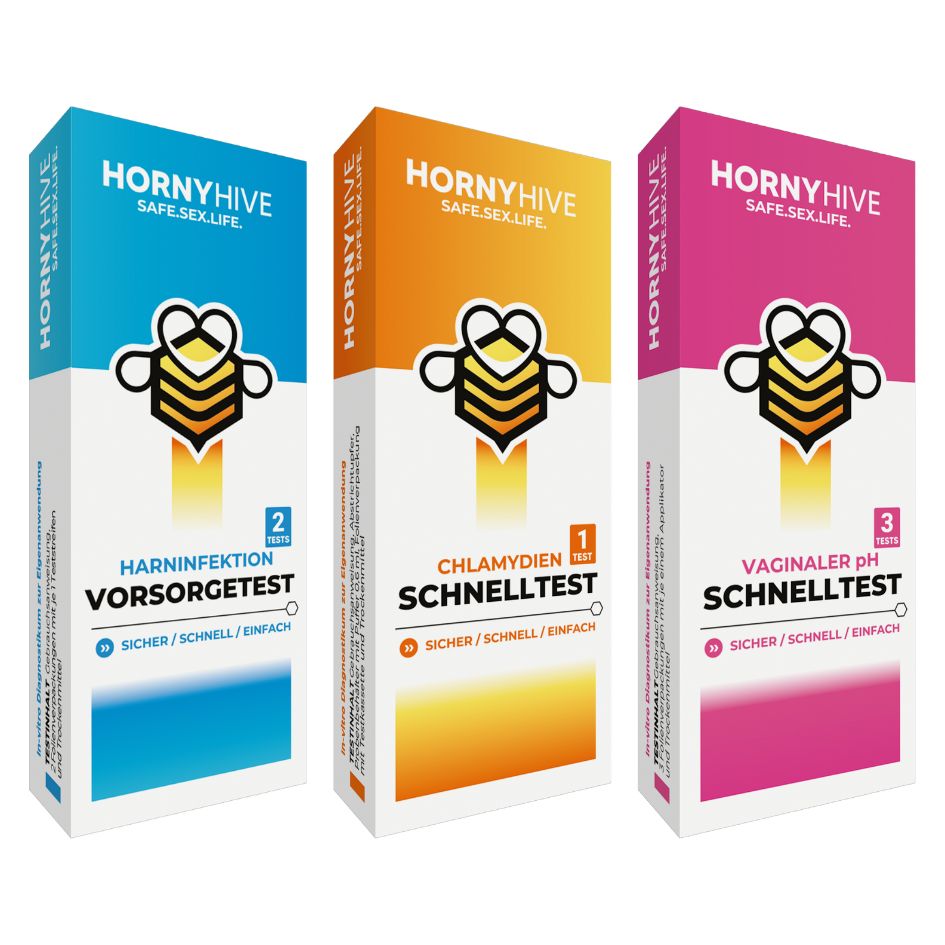 Drei Schachteln Horny Hive Schnelltest-Bundle. Blau, orange und pink. Aufschrift: Harninfektion, Chlamydien, Vaginaler pH. Sicher/Schnell/Einfach.