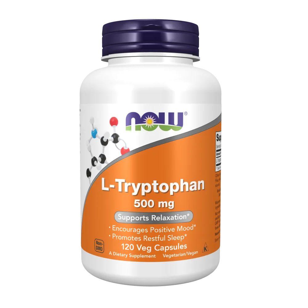 Weiße Flasche mit blauem Deckel. Aufschrift: L-Tryptophan 500 mg, 120 Veg Capsules. Marke: NOW.