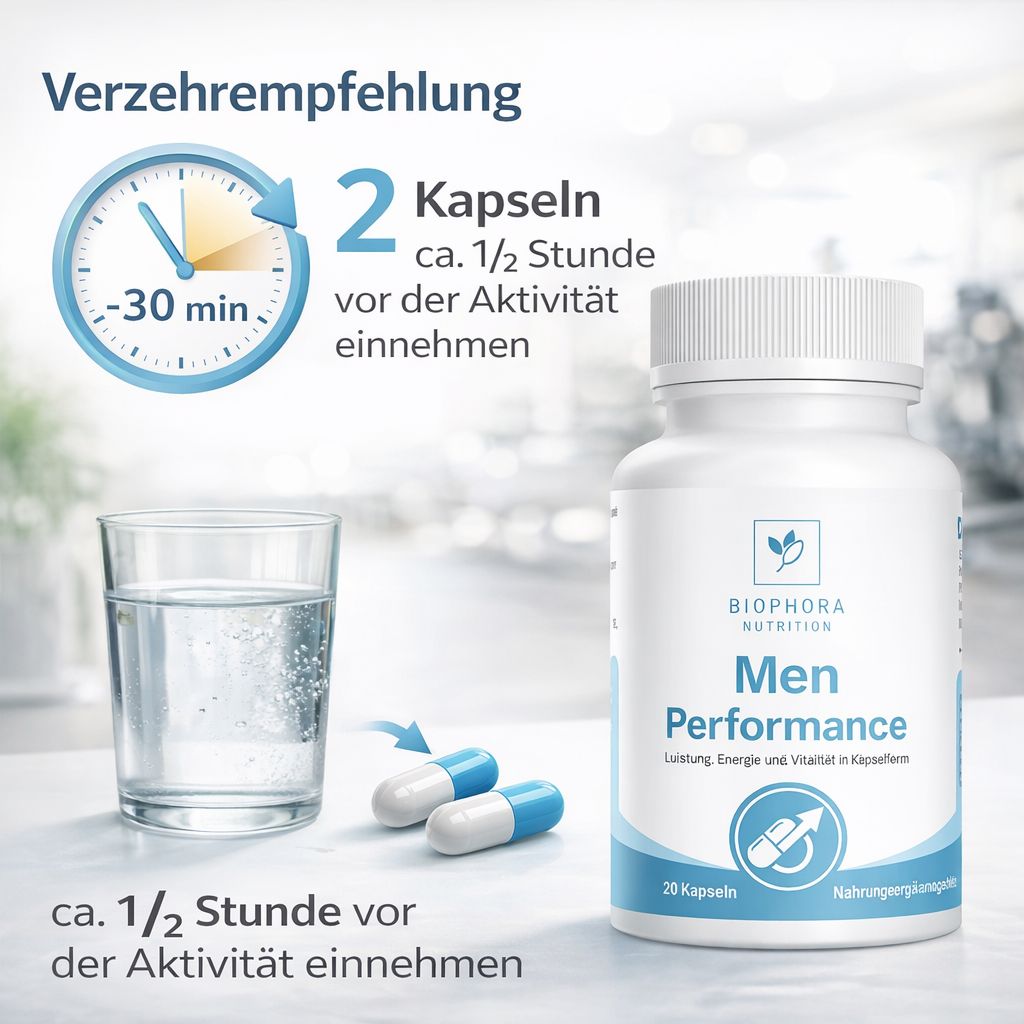 Weiße Flasche mit blauen und weißen Kapseln. Aufschrift: Men Performance. Zwei Kapseln, Glas Wasser, Uhr.