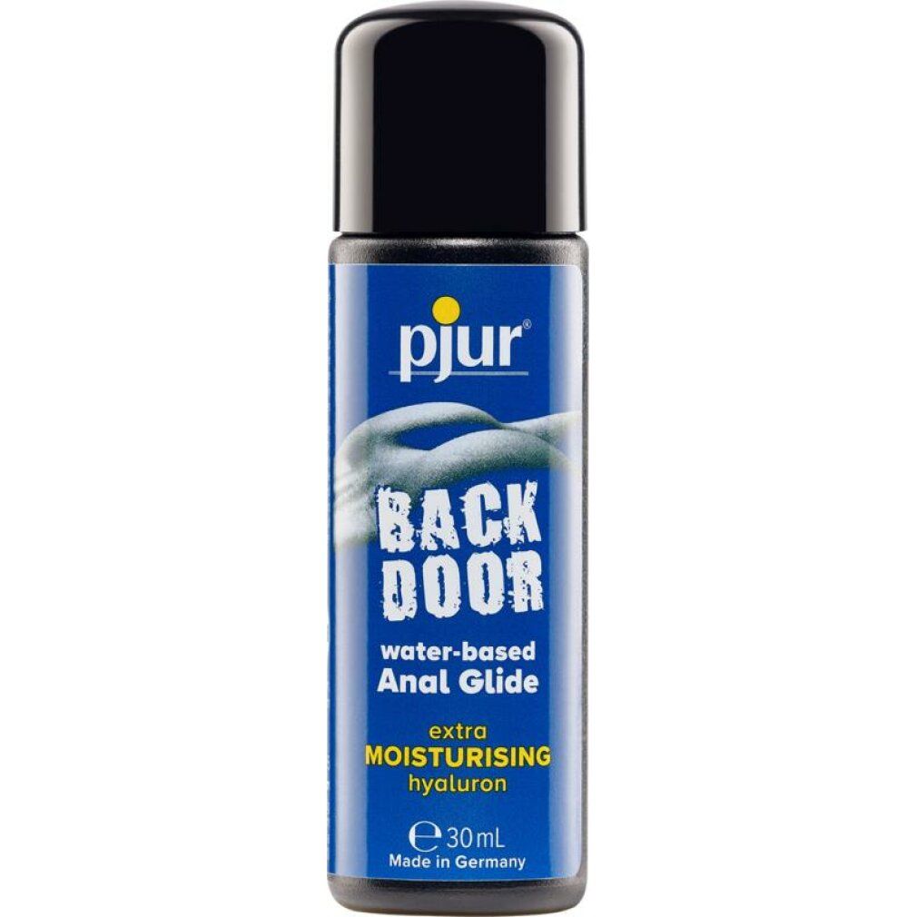 Kleine blaue Flasche mit schwarzem Deckel. Aufschrift: pjur, BACK DOOR, water-based Anal Glide. Mit Hyaluron. 30ml. Hergestellt in Deutschland.