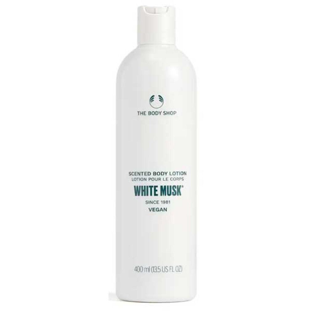 Weiße Flasche mit THE BODY SHOP-Logo und Text: Scented Body Lotion White Musk. Vegan. 400 ml.