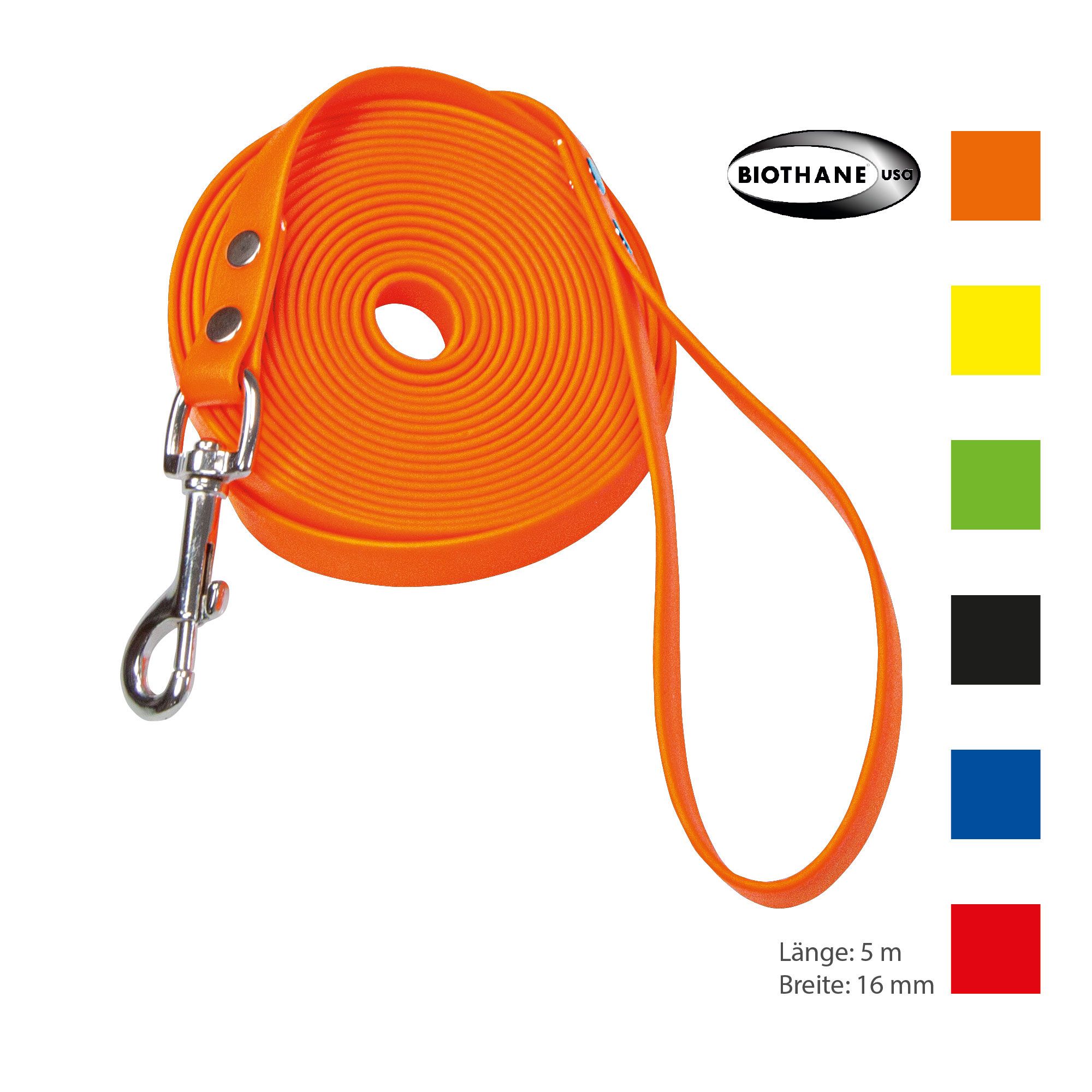 Schecker orange Biothane® Schleppleine mit Handschlaufe - 5 m/16mm - widerstandsfähig