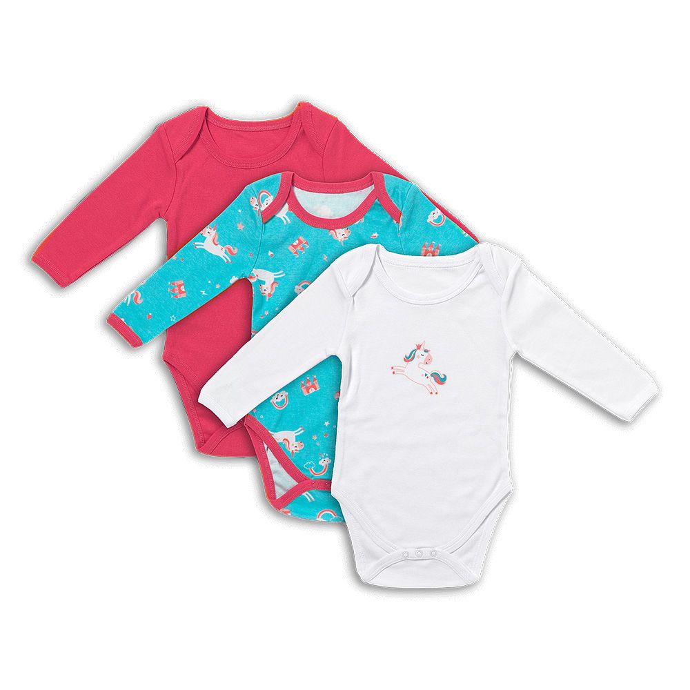 Drei Baby-Bodys mit langen Ärmeln. Farben: Pink, Türkis mit Einhörnern, Weiß mit Einhorn-Applikation. Baumwolle.