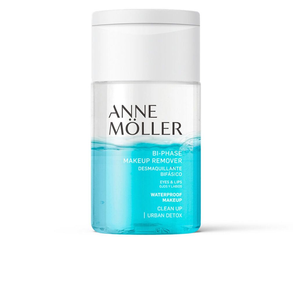 Anne Möller Bi-Phase Makeup Remover. Zweiphasen-Make-up-Entferner für Augen und Lippen. Blaue und transparente Flüssigkeit in einer Flasche.
