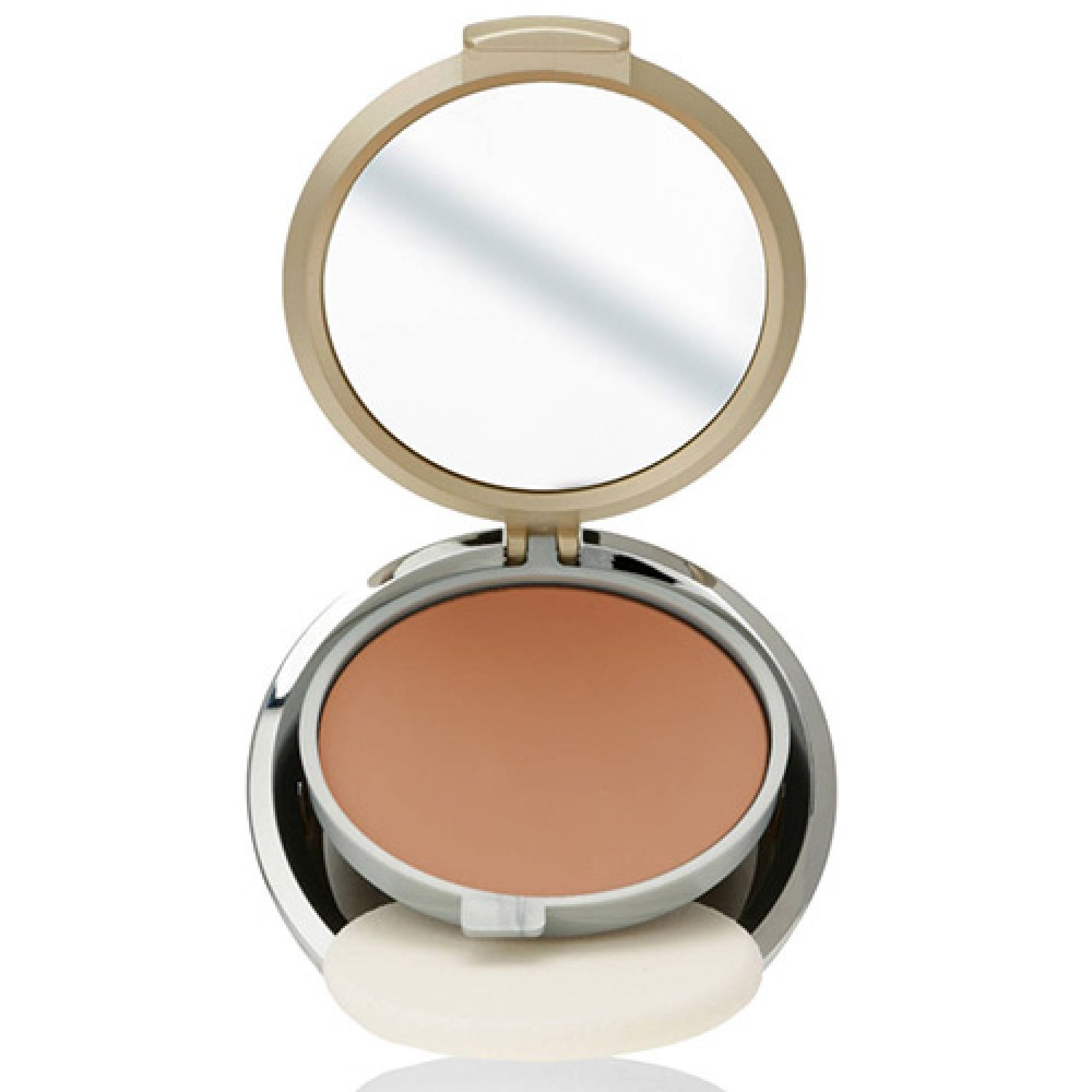 Kompakt-Make-up mit Spiegel und Applikator. Runde, bronzefarbene Foundation in silberfarbener Hülle.