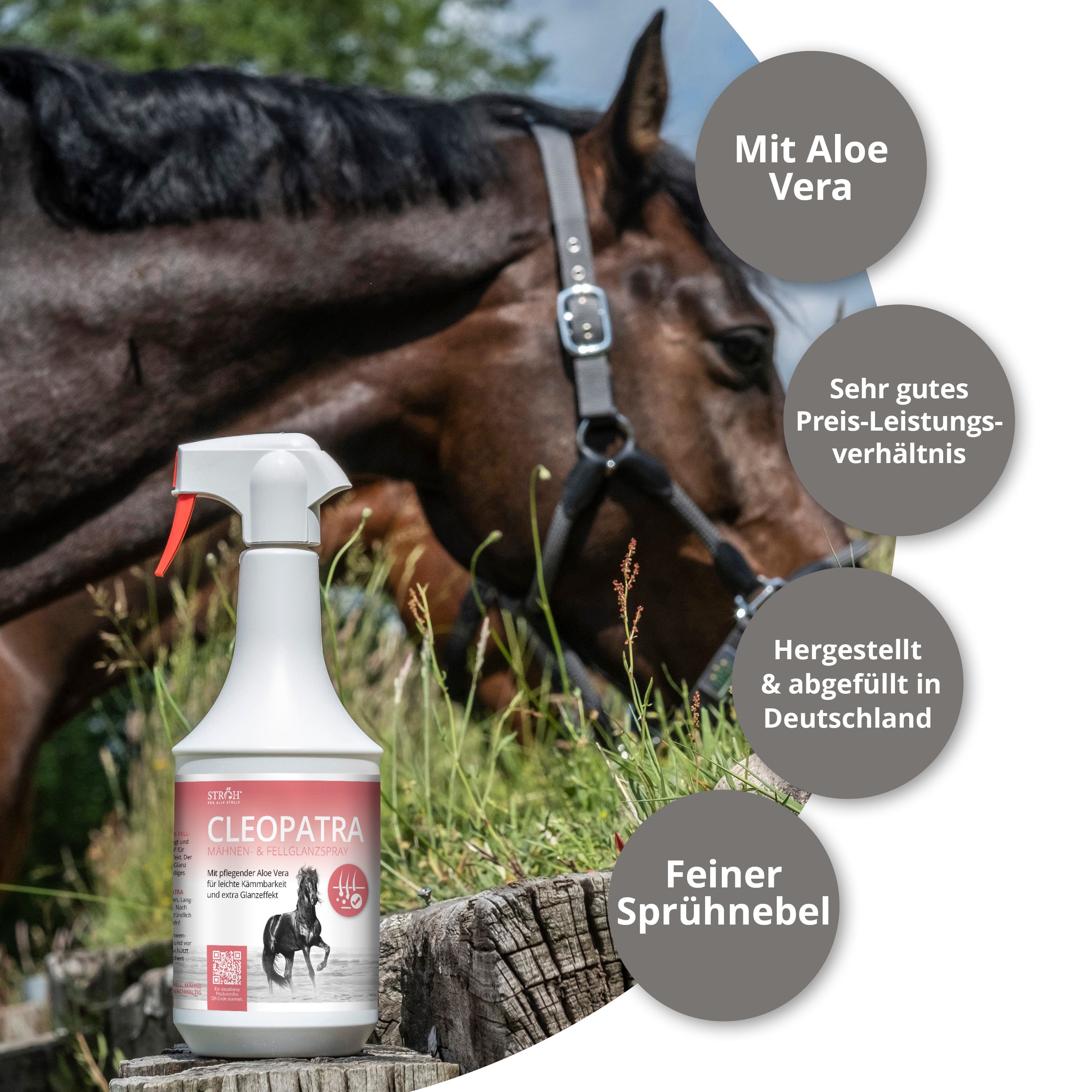 Weiße Sprühflasche STRÖH Cleopatra. Roter Sprühkopf. Produktname und Pferd-Illustration. Zusätzliche Icons und Text. Pferd im Hintergrund.