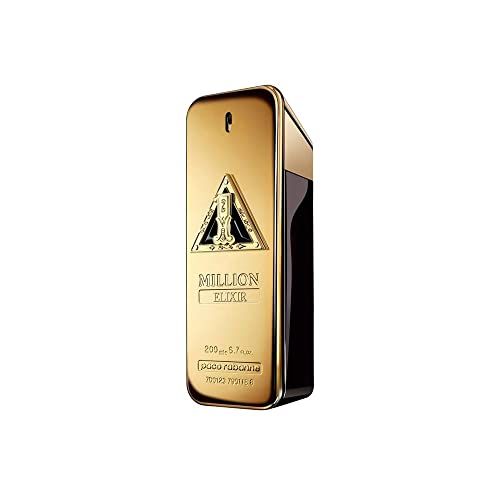 Goldfarbener Flakon mit schwarzem Akzent. Aufschrift "Million Elixir". Goldfarbene Kappe. Parfüm.