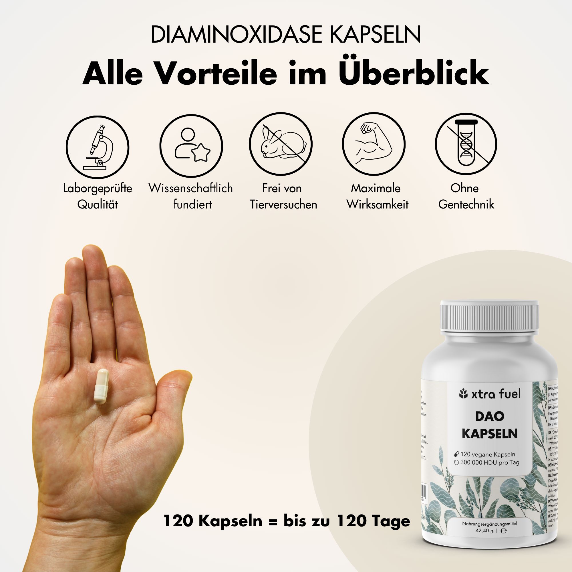 Hand mit Kapsel neben einer Flasche. Text: 120 Kapseln = bis zu 120 Tage. Symbole: Laborgeprüft, wissenschaftlich fundiert, tierversuchsfrei, etc.