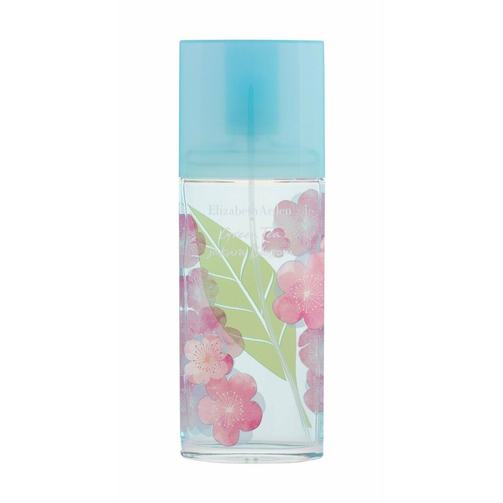 Flesje met blauwe dop. Bedrukt met roze bloemen en groen blad. Heldere inhoud.