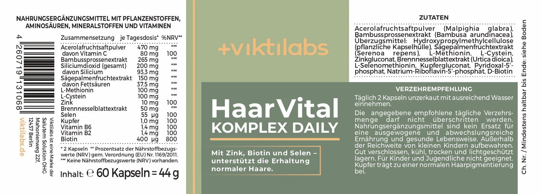 Etikett einer Flasche HaarVital Komplex Daily mit Nährwertangaben und Anwendungshinweisen.