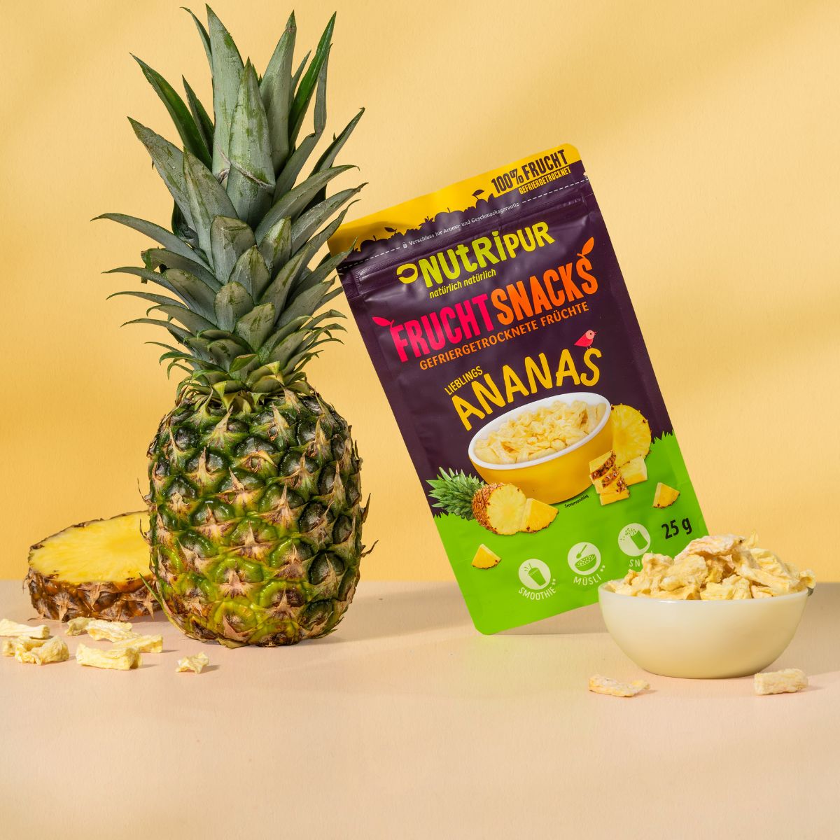 NutriPur gefriergetrocknete Früchte, Ananas Bits in großen Stücken