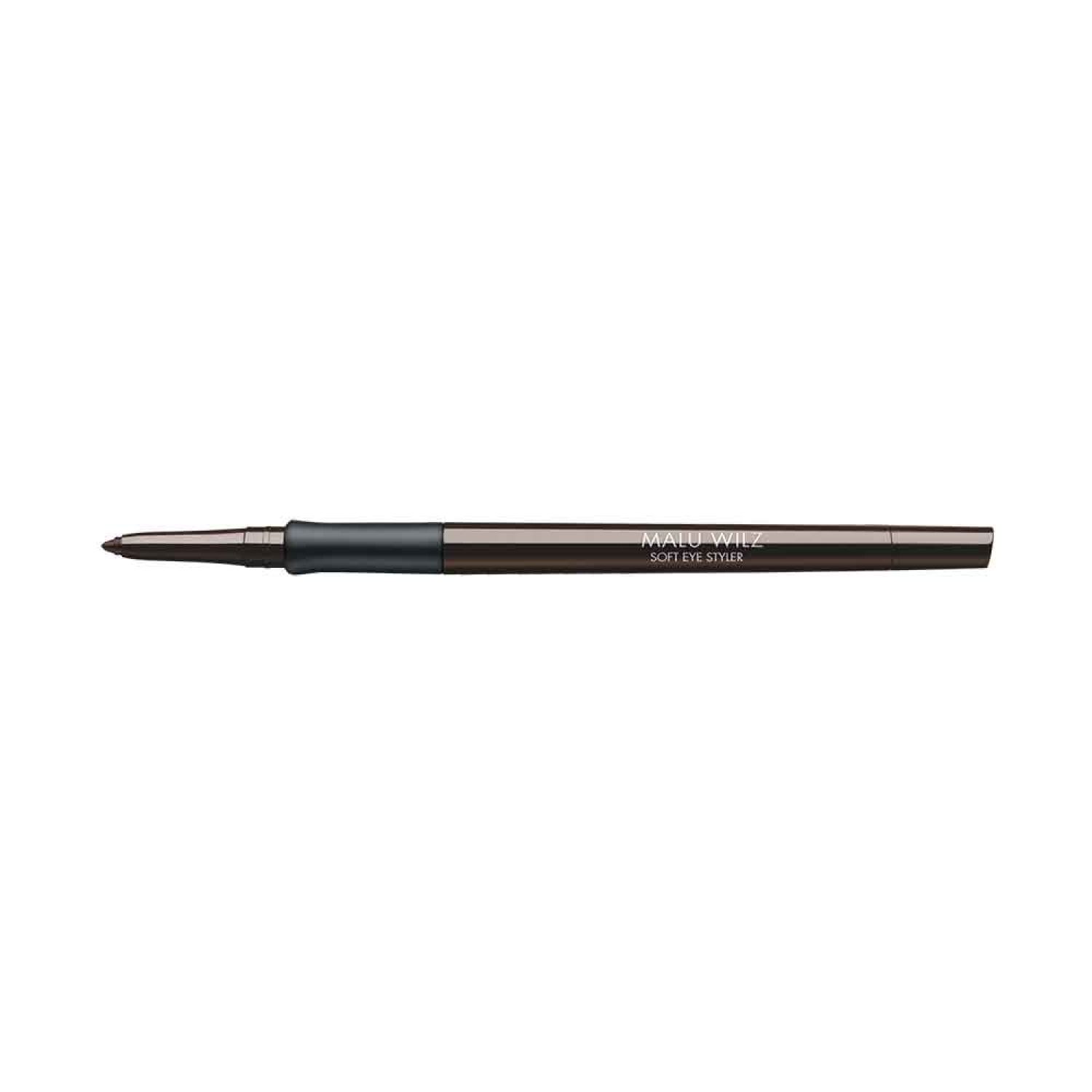 Augen-Styler, braun. Aufschrift: Soft Eye Styler. Schlanke, zylindrische Form. Dunkelbraune Farbe.