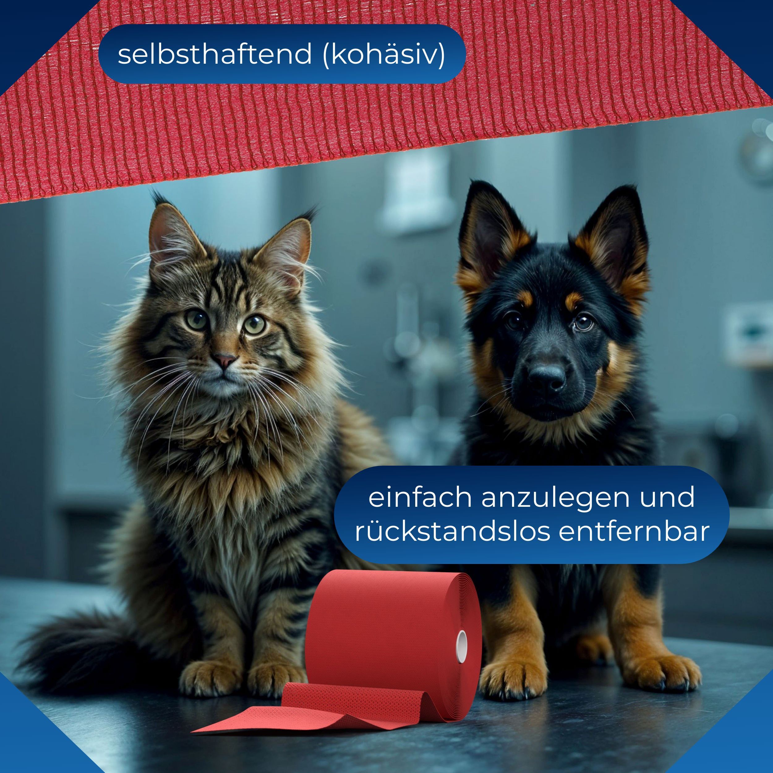 Rolle rote, kohäsive Fixierbinde. Text: selbsthaftend (kohäsiv), einfach anzulegen und rückstandslos entfernbar. Katze, Hund.