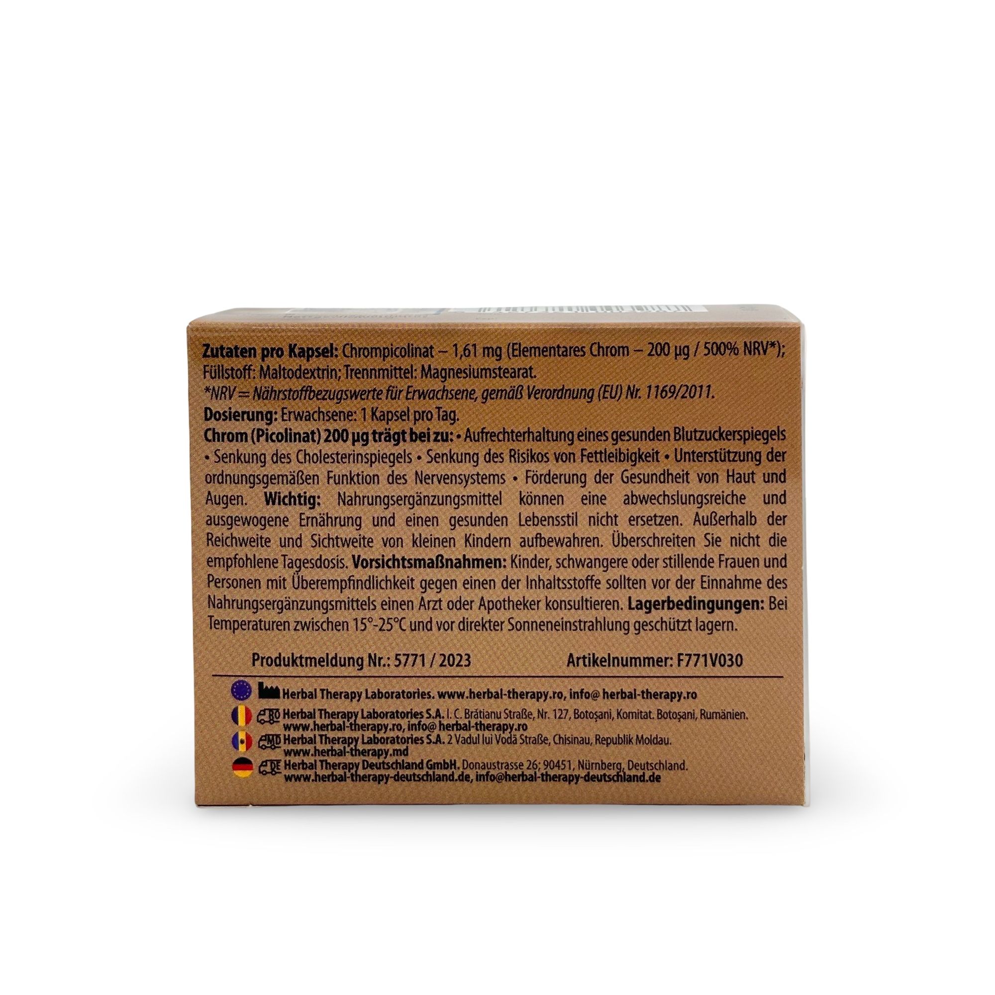 Rückseite der Produktverpackung. Text mit Inhaltsstoffen, Dosierung und Warnhinweisen. Mehrere Logos und Kontaktinformationen.