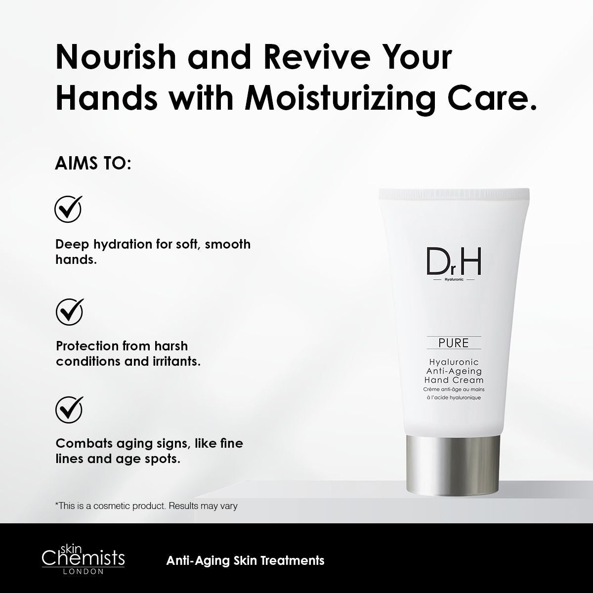 Weiße Tube mit Aufschrift Dr. H, Pure, Hyaluronsäure Anti-Aging Handcreme. Text: Nourish and Revive Your Hands with Moisturizing Care.
