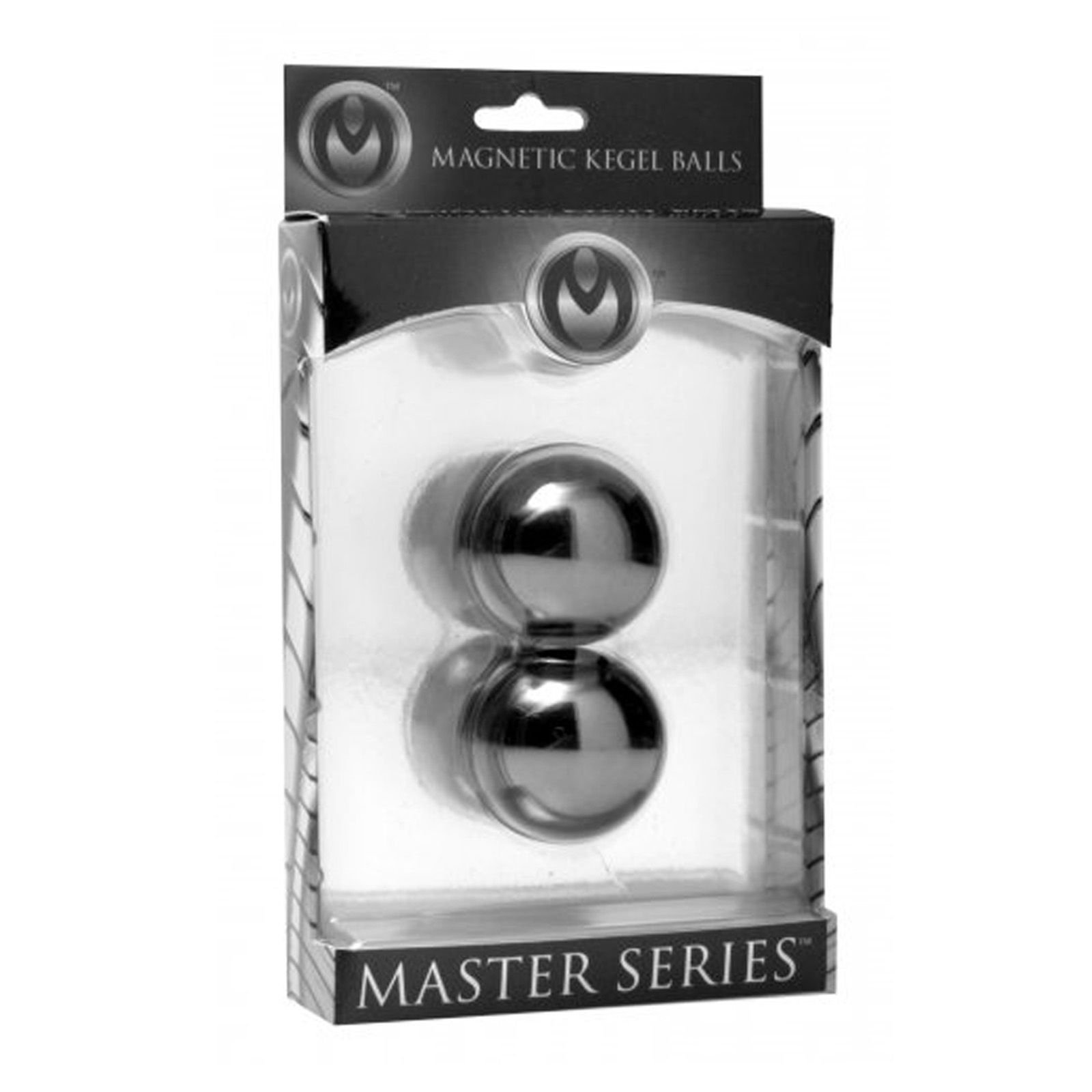 Zwei metallische Kegel-Kugeln in Verpackung. Produktname: Master Series. Schwarze Verpackung mit Logo und Produktbezeichnung.
