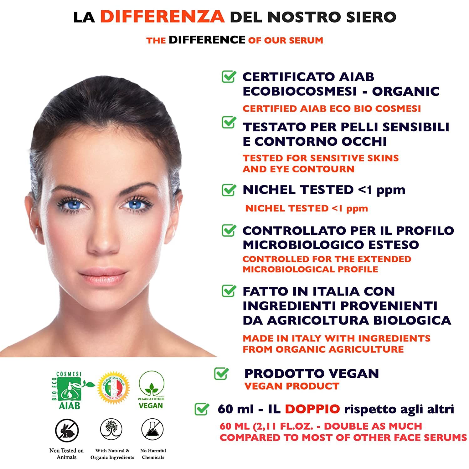 Viso femminile con occhi blu. Testo: Certificazioni AIAB, Vegan, Made in Italy. 60 ml - il doppio degli altri sieri.