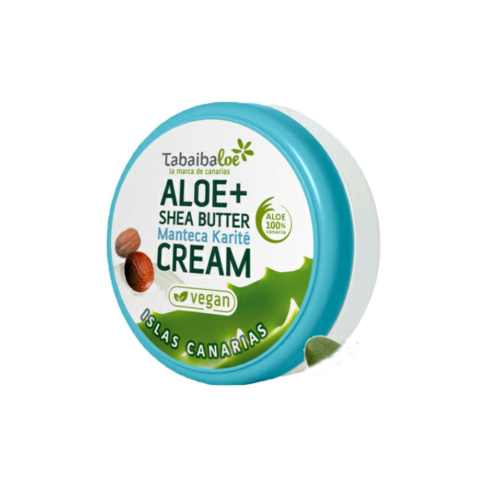 Runde Creme-Dose mit blauem Deckel. Aufschrift: ALOE+ SHEA BUTTER CREAM. Vegan-Logo. Aloe 100%. Islas Canarias.