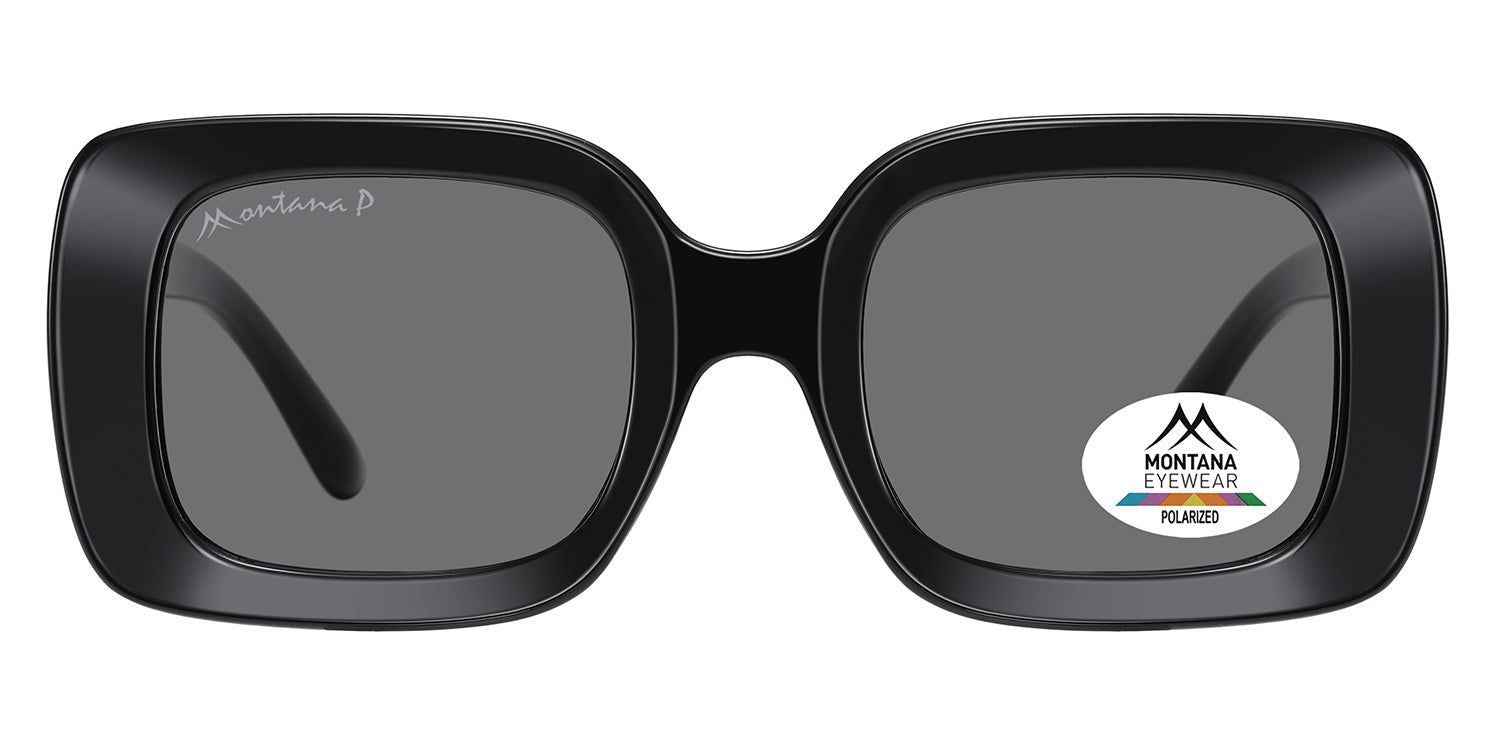 Schwarze Sonnenbrille mit quadratischen Gläsern. Montana Eyewear Logo auf dem Bügel und Glas. Polarisierte Gläser.
