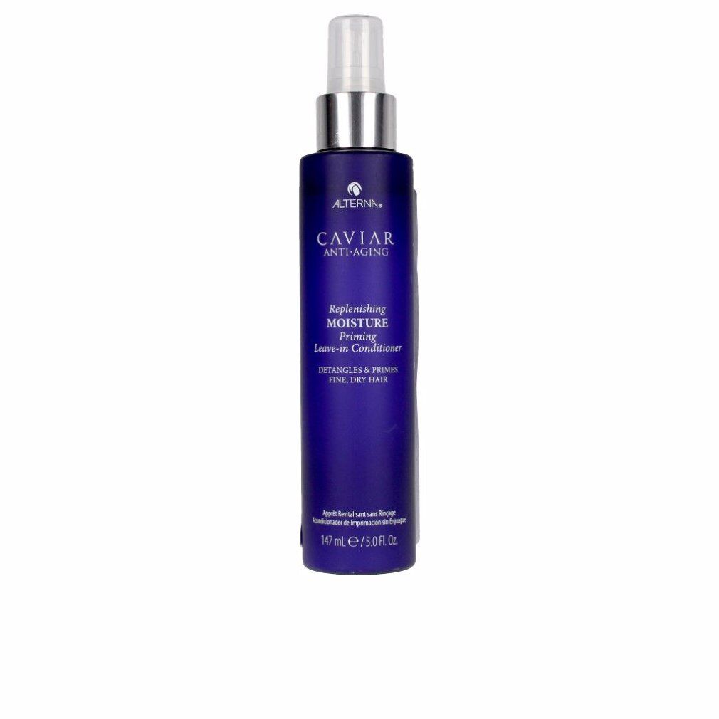 Dunkelblaue Sprühflasche mit silbernem Sprühkopf. Alterna Caviar Anti-Aging Replenishing Moisture Leave-In Conditioner.