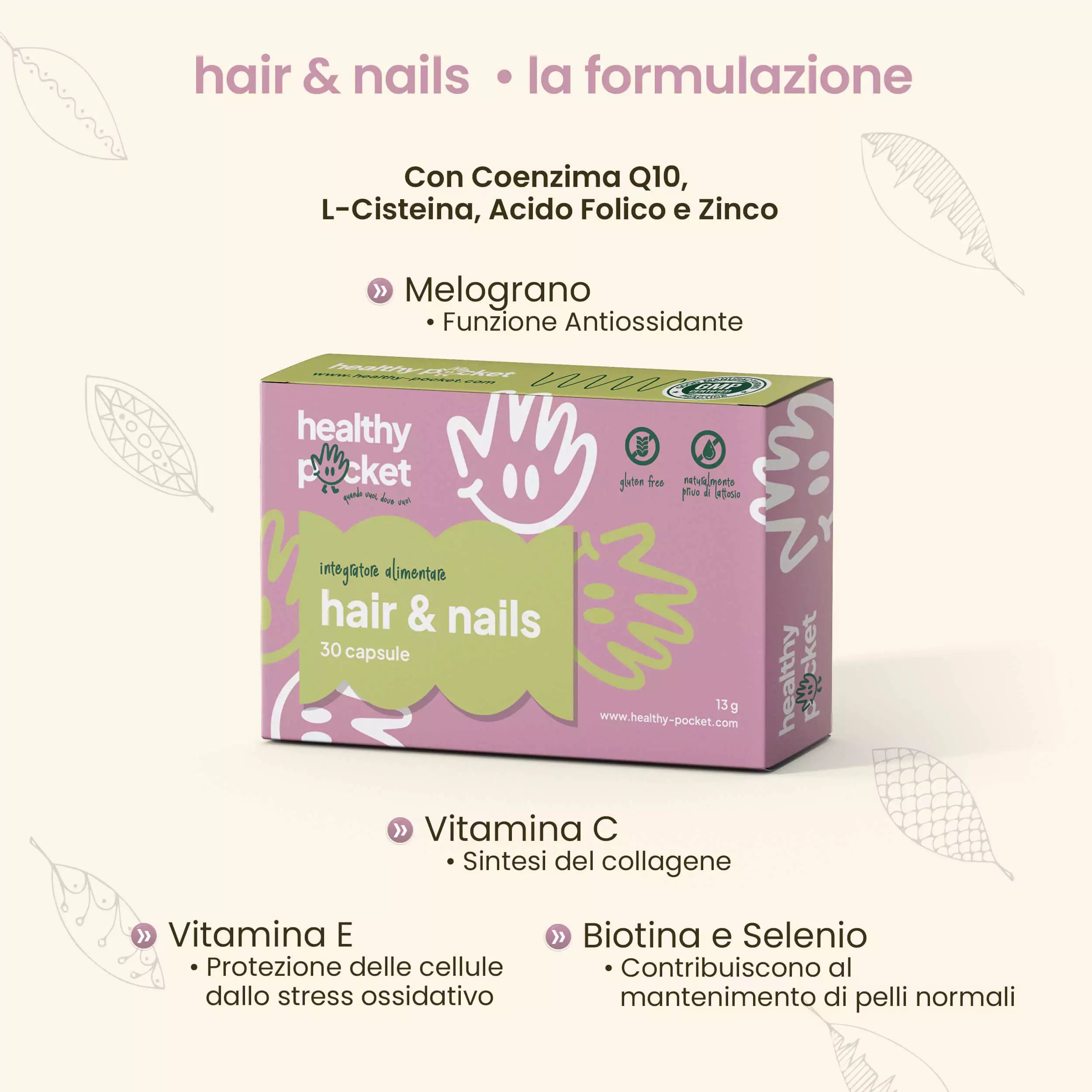 Verpackung für Hair & Nails Kapseln mit Informationen zur Formulierung und Wirkung.