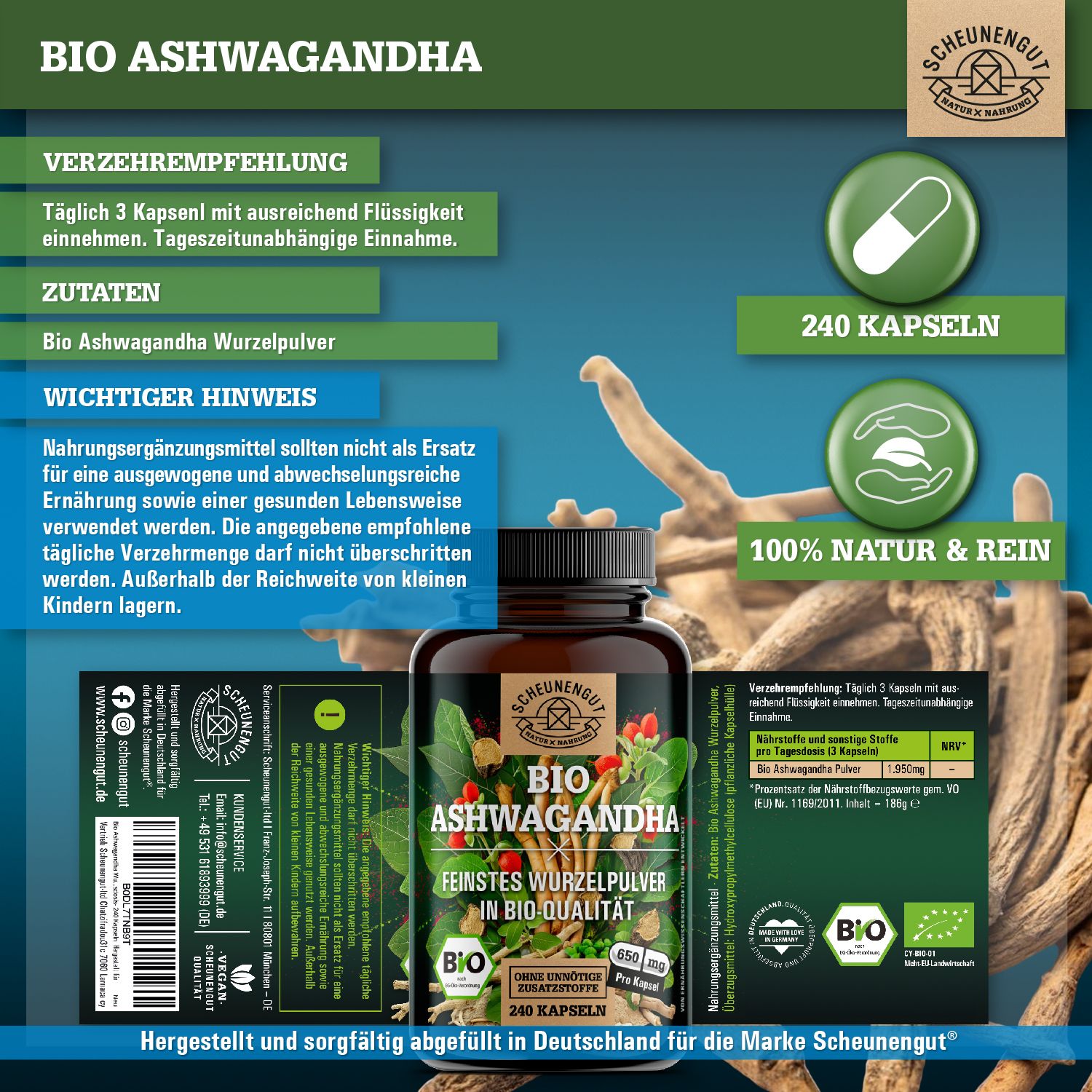 Flasche Bio Ashwagandha mit 240 Kapseln. Text: Verzehrempfehlung: 3 Kapseln täglich. Zutaten: Bio Ashwagandha Wurzelpulver. 100% Natur & Rein.