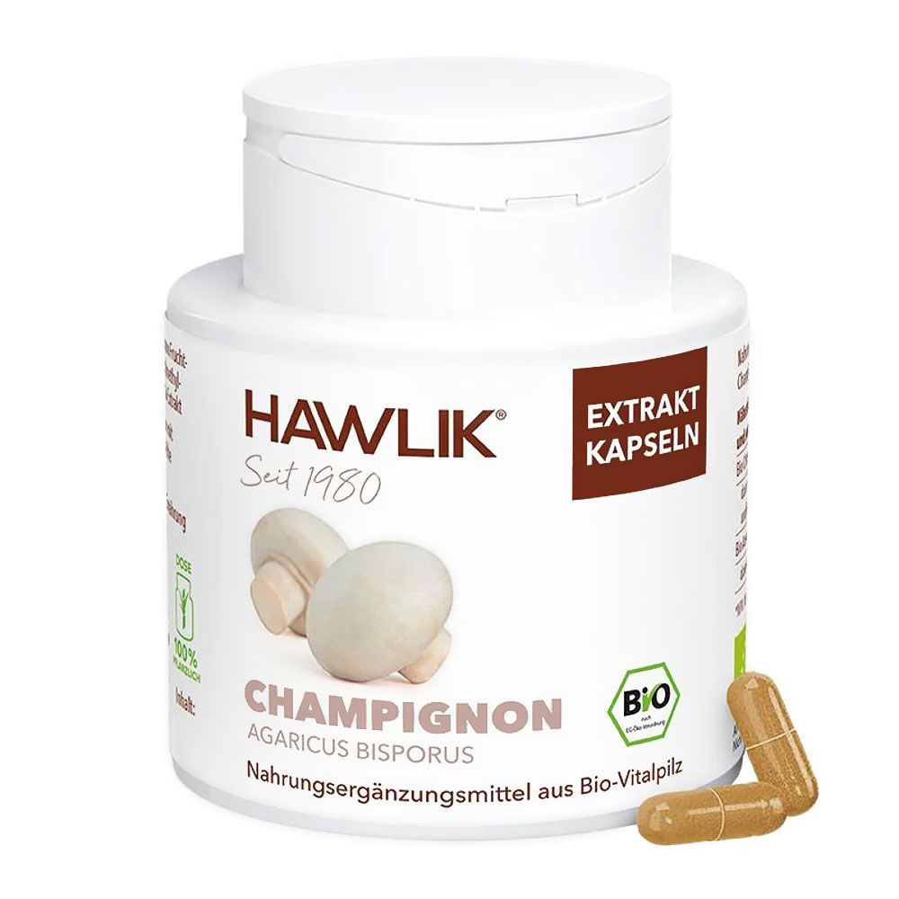 Weiße Dose mit Kapseln. Aufschrift: HAWLIK, Champignon, Bio. Braune Kapseln liegen daneben.