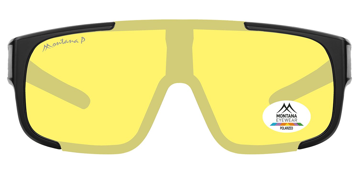 Sonnen-Überbrille mit gelben Gläsern und schwarzem Rahmen. Montana Eyewear Logo und Polarisations-Zertifizierung.