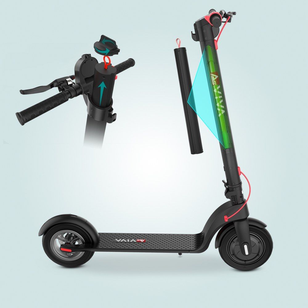 Seitenansicht eines schwarzen E-Scooters mit roten Akzenten und abnehmbarem Akku.