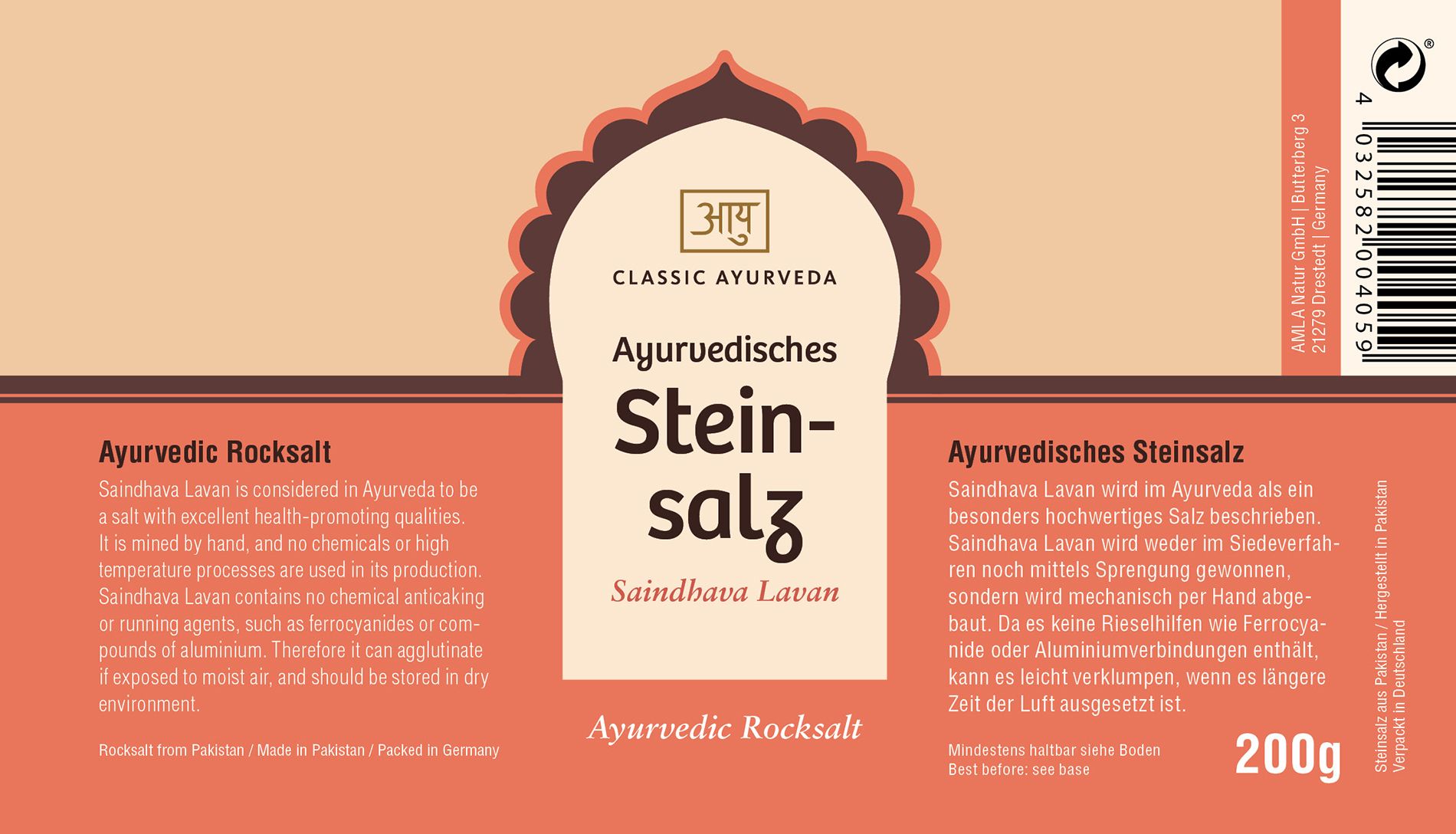 Rechteckige Verpackung mit rotem Etikett. Text: Classic Ayurveda, Ayurvedisches Steinsalz, Saindhava Lavan, Ayurvedic Rocksalt, 200g.