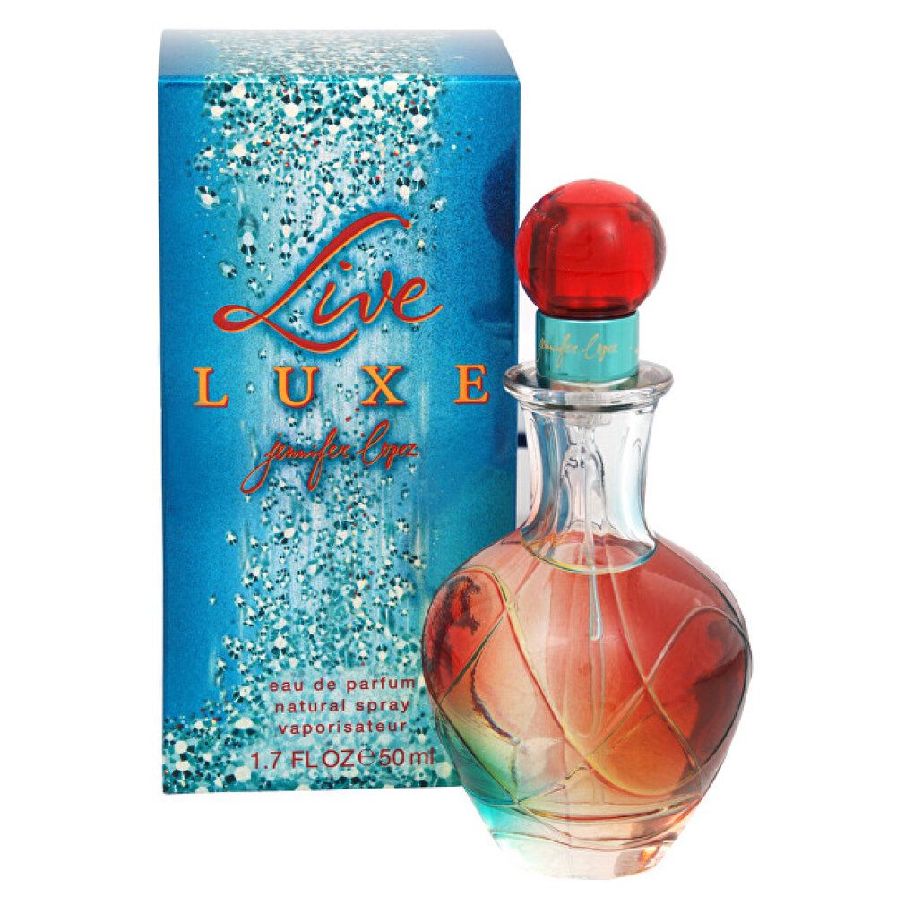 Parfümflakon mit rotem Verschluss und Verpackung. Aufschrift: Live Luxe Jennifer Lopez. Flakon mit farbigen Akzenten.