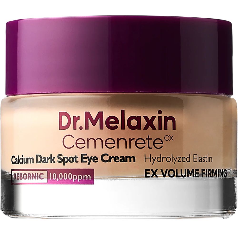 Tiegel Dr.Melaxin Cemenrete Calcium Dark Spot Eye Cream. Lila Deckel, beige Creme. Nahaufnahme.