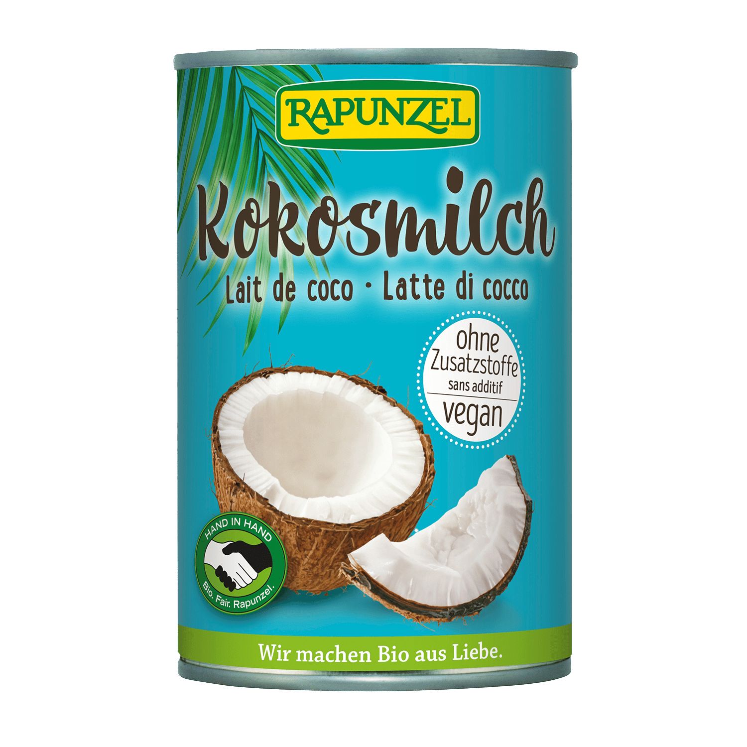 Zylinderdose Kokosmilch. Aufschrift: Rapunzel, Kokosmilch, Lait de coco, Latte di cocco. Ohne Zusatzstoffe, vegan. Kokosnuss-Abbildung.