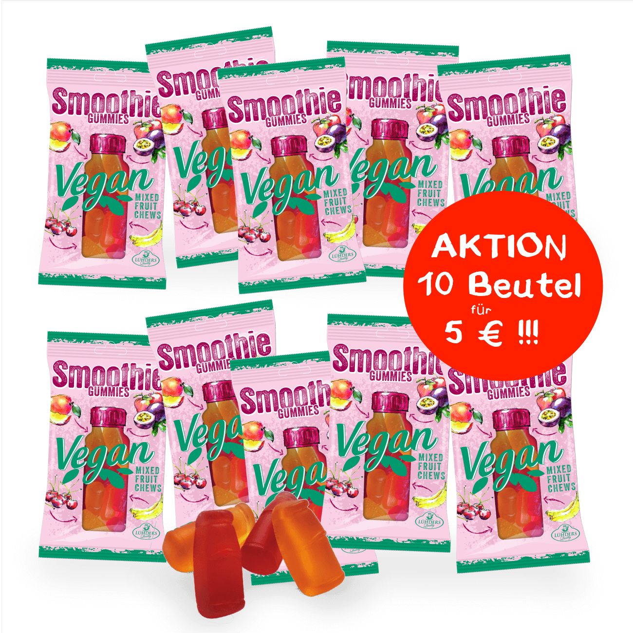 10 Beutel Smoothie Gummies in Einzelverpackung. Aufschrift 'Aktion 10 Beutel für 5 €'. Gummies in Form von kleinen Flaschen.