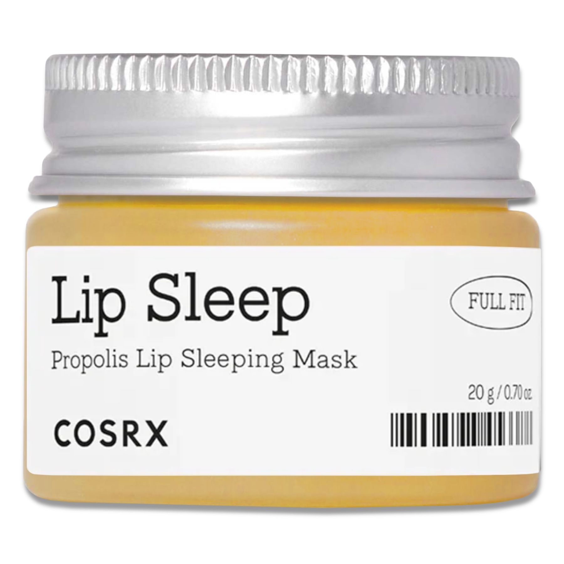 Glas mit gelbem Inhalt und silbernem Deckel. Aufschrift: Lip Sleep, Propolis Lip Sleeping Mask, COSRX. 20g/0.70oz.
