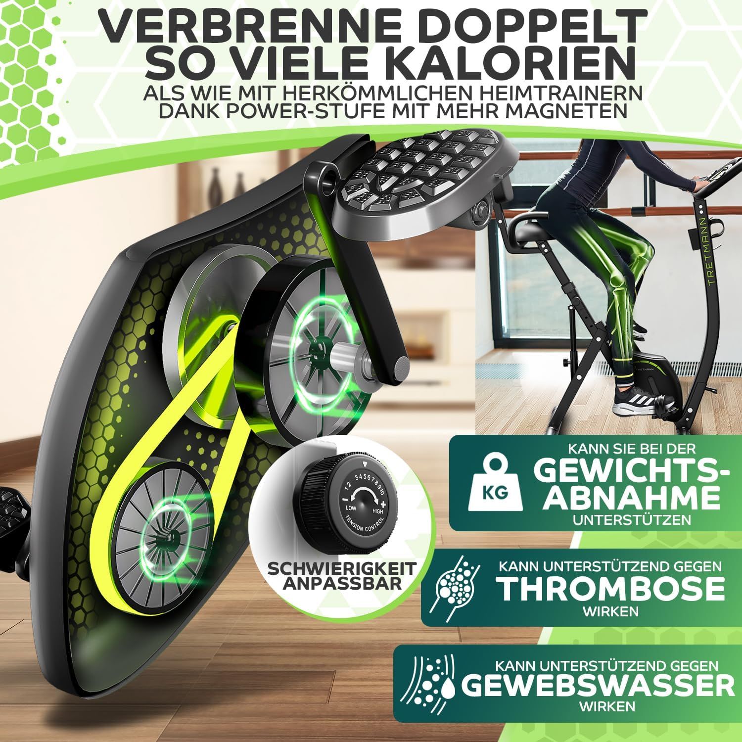 Detailansicht des Heimtrainers. Einstellrad, Pedale, Magnete. Text: "Tretmann", "Kann bei Gewichtsabnahme unterstützen".