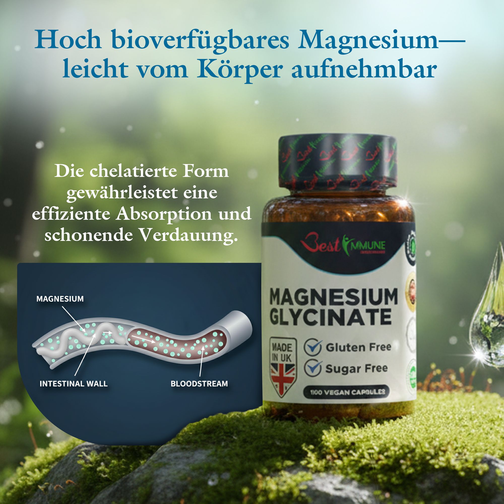 Flasche Magnesiumglycinat mit Darstellung der Magnesiumaufnahme im Darm.