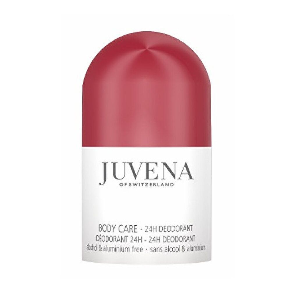 Deodorant-Roller und Verpackung. Weiß, rot. Text: Juvena, Body Care, 24h Deodorant.