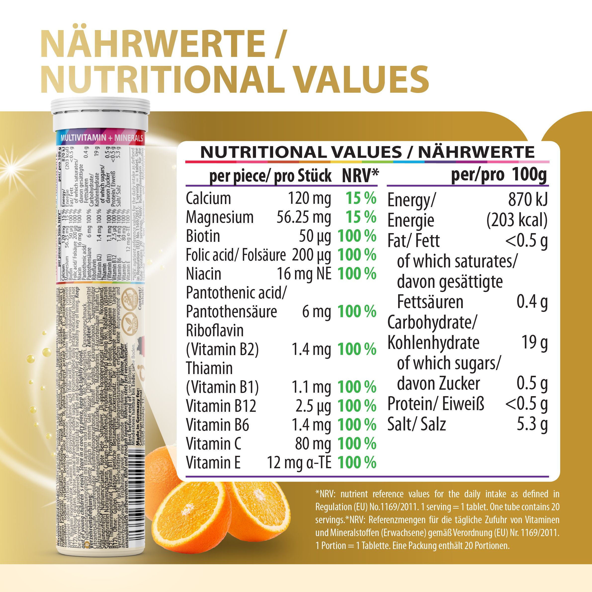 Nährwerttabelle für EVÄM 10 Vitaminen + 5 Mineralien. Enthält Calcium, Magnesium, Biotin, Folsäure, Niacin, Pantothensäure, Riboflavin, Thiamin, Vitamin B12, Vitamin C.