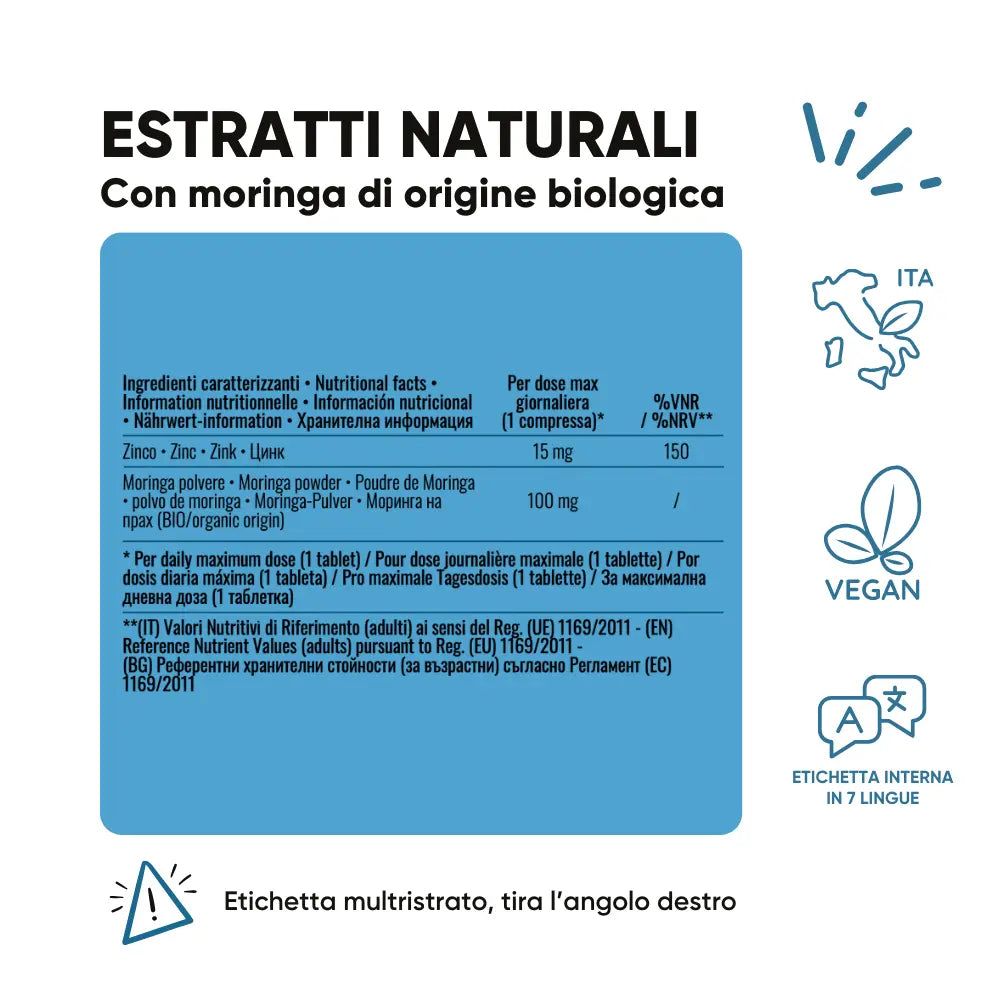 Nährwertangaben für natürliche Extrakte mit Moringa, Zink. Vegan-Siegel.
