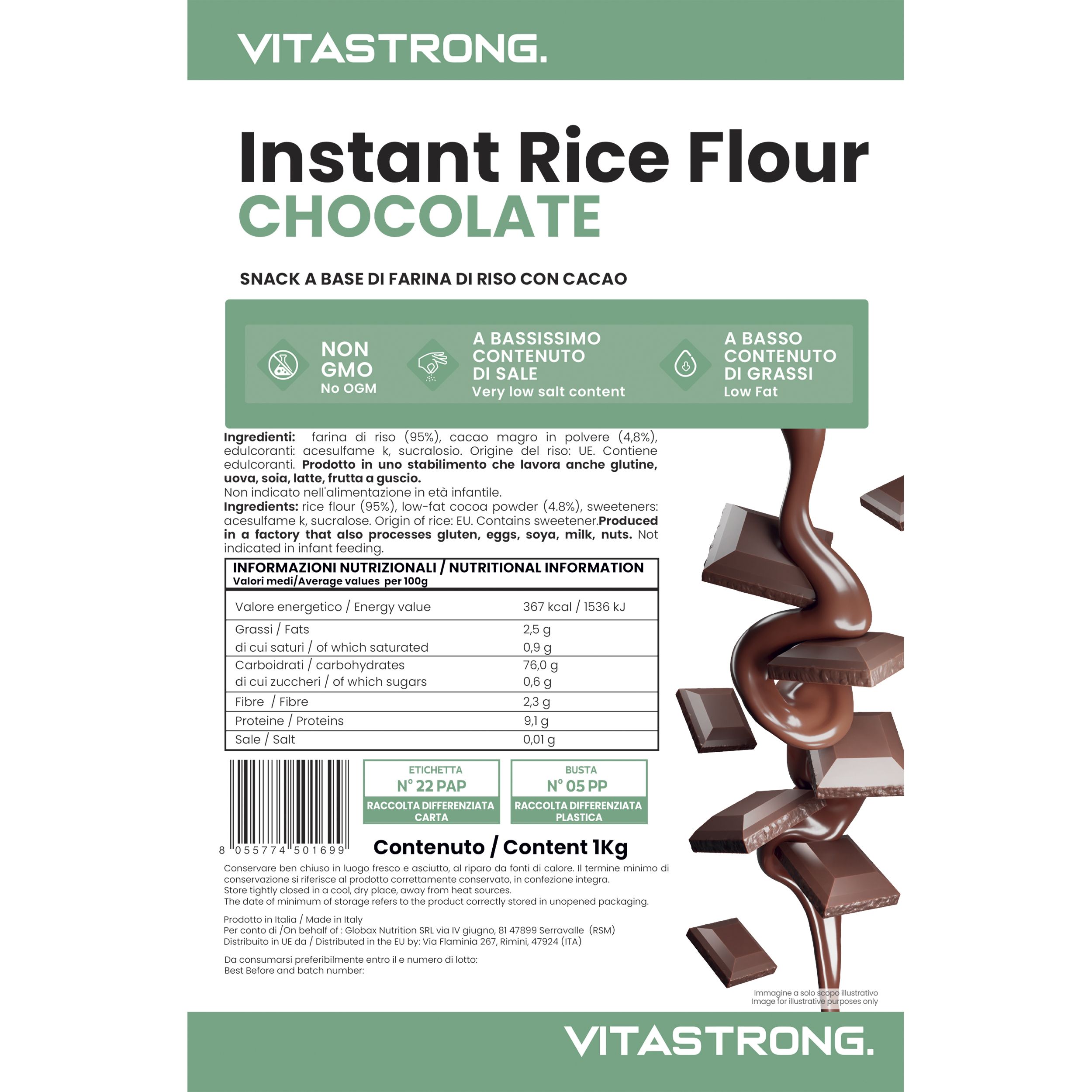 Vitastrong Instant Rice Flour Choco. Weiße Verpackung mit Produktinformationen und Schokoladenstückchen. Text: „A basso contenuto di grassi“.
