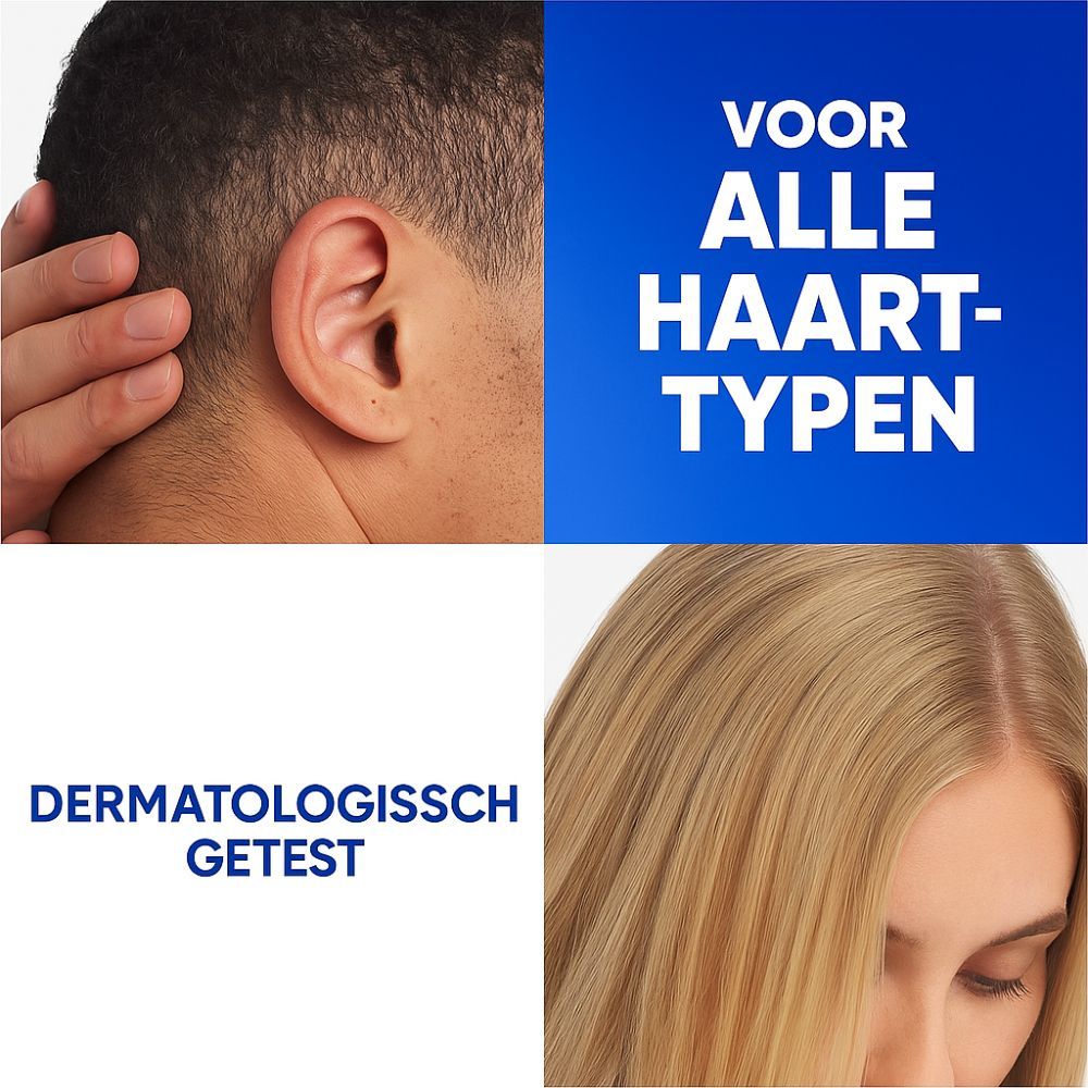 Afbeeldingen van hoofdhuid en haar. Tekst: Voor alle haartypes. Dermatologisch getest.