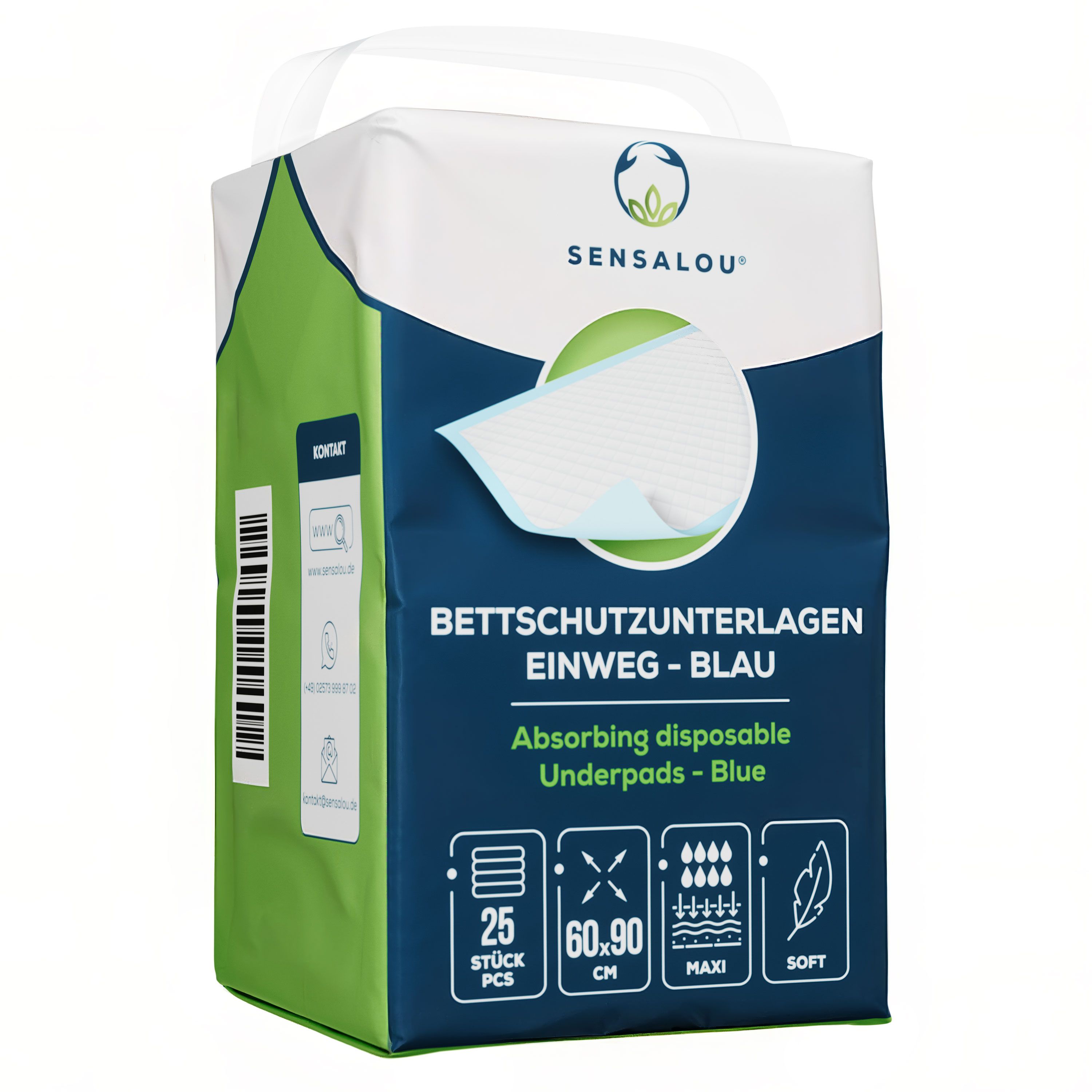 Verpackung mit Sensalou Inkontinenz Unterlagen. Blaue und grüne Verpackung. 25 Stück, 60x90 cm, Maxi, Soft.