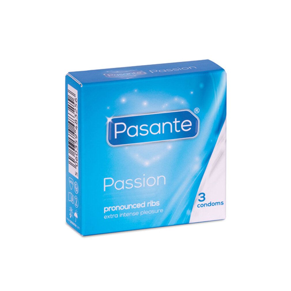 Blaue Schachtel mit Pasante Passion Kondomen. Enthält 3 Kondome. Aufschrift: pronounced ribs, extra intense pleasure.