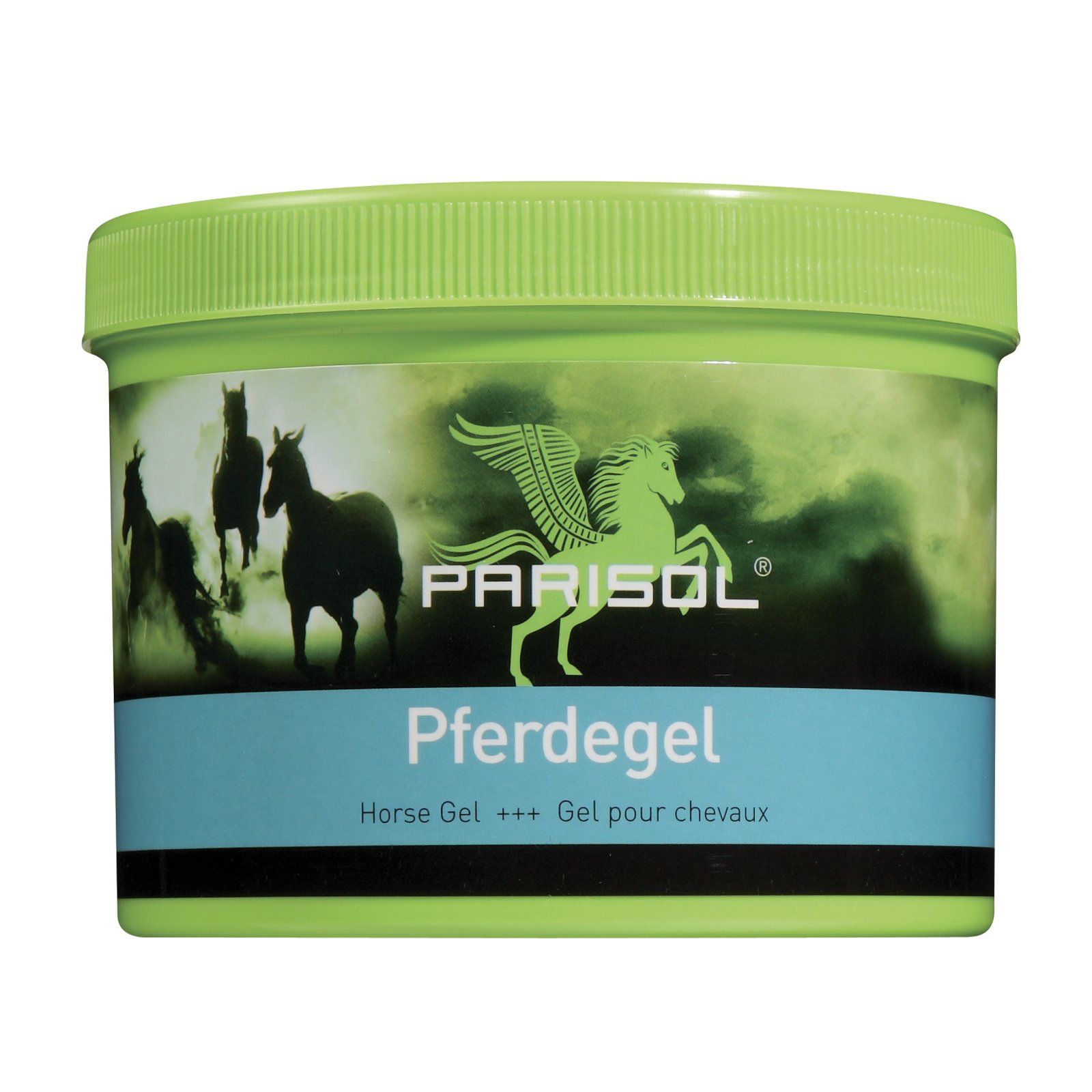 Grüner Tiegel mit Deckel. Aufschrift PARISOL und Pferdedarstellung. Unterhalb steht "Pferdegel" und "Horse Gel +++ Gel pour chevaux".