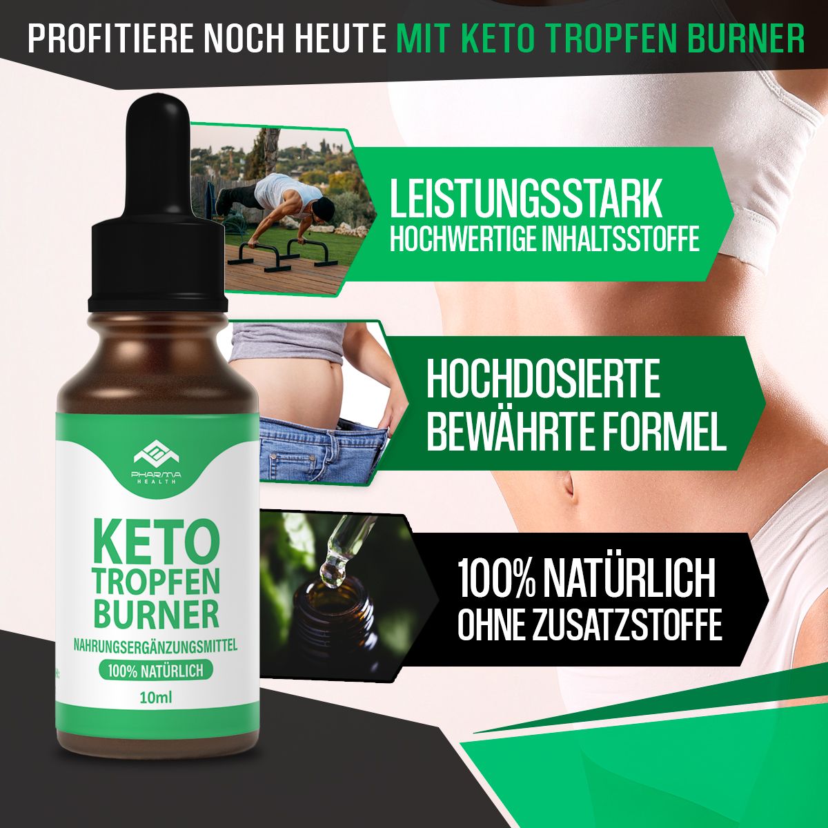 Produktflasche mit Text und Grafiken. Text: Keto Tropfen Burner, 100% natürlich, 10 ml. Leistungsstark, hochdosiert, 100% natürlich.