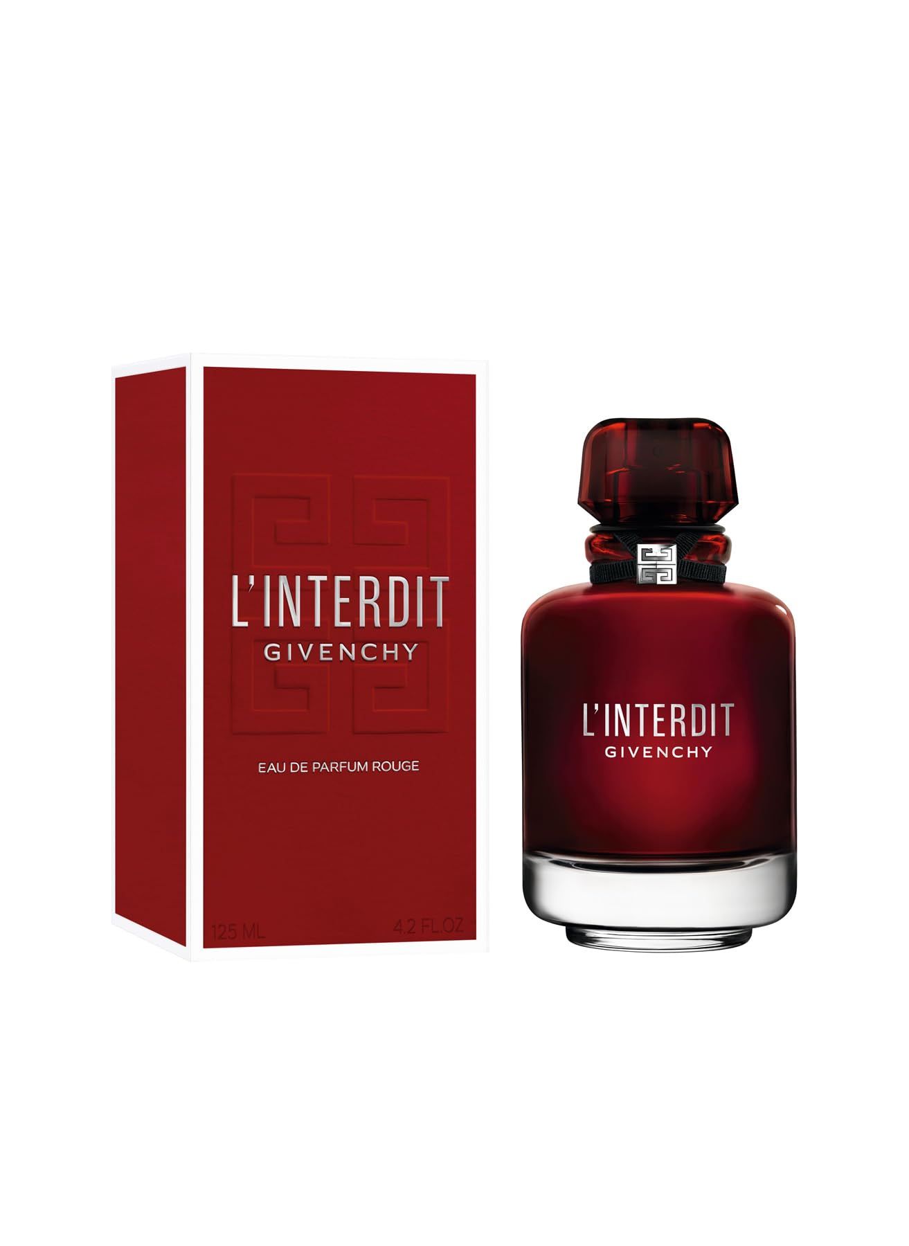 Roter Flakon und Verpackung. Aufschrift: L'Interdit Givenchy, Eau de Parfum Rouge. Flakon mit schwarzem Band.