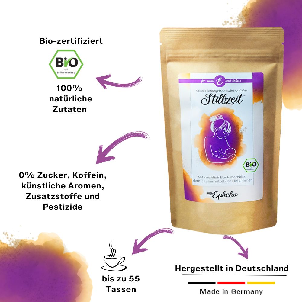 Produktverpackung mit Text und Illustration. Bio-Siegel, 100% natürliche Zutaten, 0% Zucker, Koffein, künstliche Aromen, Zusatzstoffe und Pestizide. Hergestellt in Deutschland.