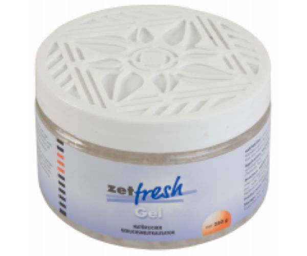 Runder Behälter mit weißem Deckel und dekorativem Muster. Aufschrift "zetfresh Gel".