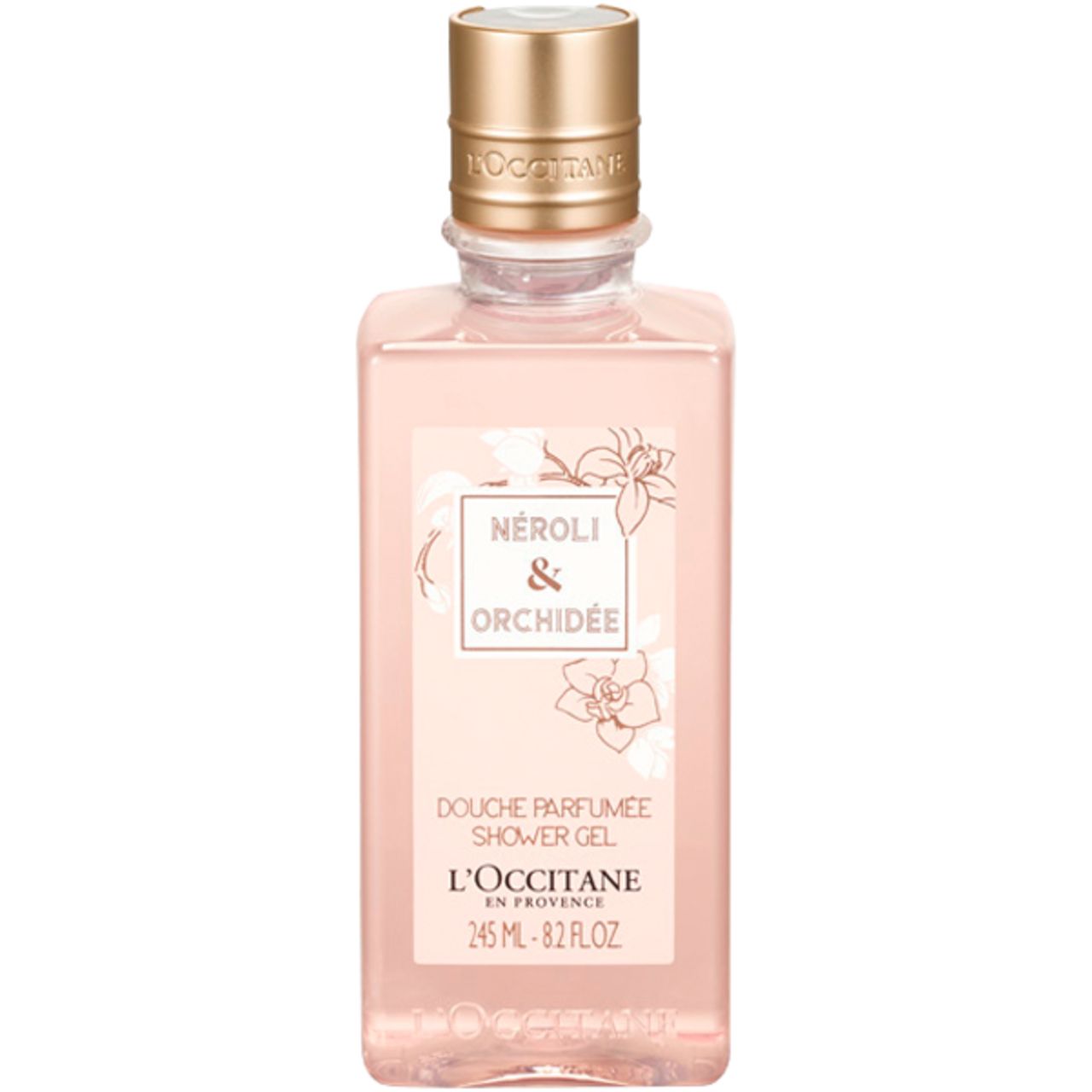 Duschgel von L'Occitane. Rechteckige Flasche mit goldfarbenem Verschluss. Etikett mit Produktnamen und floralen Illustrationen.